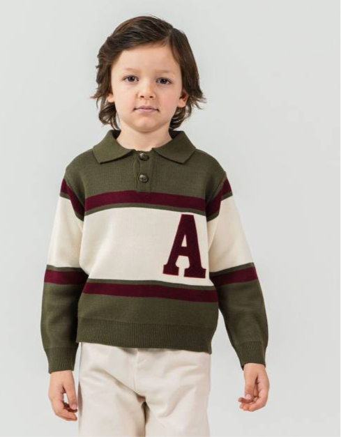 Ensemble enfant chic avec haut col polo et pantalon – Vert kaki & écru