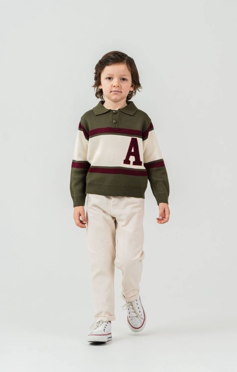 Ensemble enfant chic avec haut col polo et pantalon – Vert kaki & écru