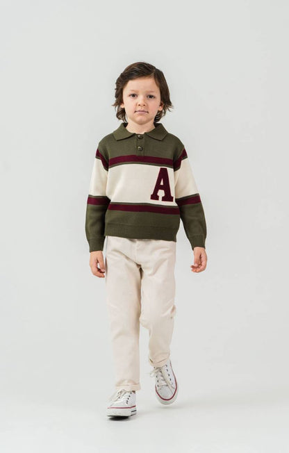 Ensemble enfant chic avec haut col polo et pantalon – Vert kaki & écru