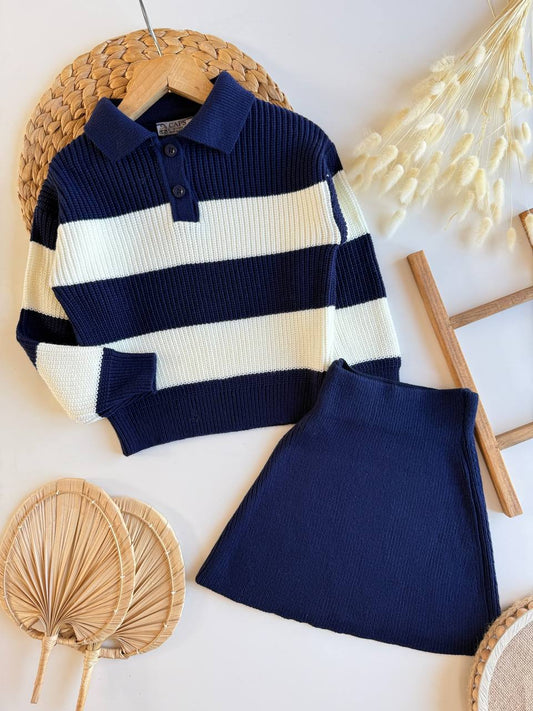 Ensemble fille bleu marine – Pull rayé et jupe assortie