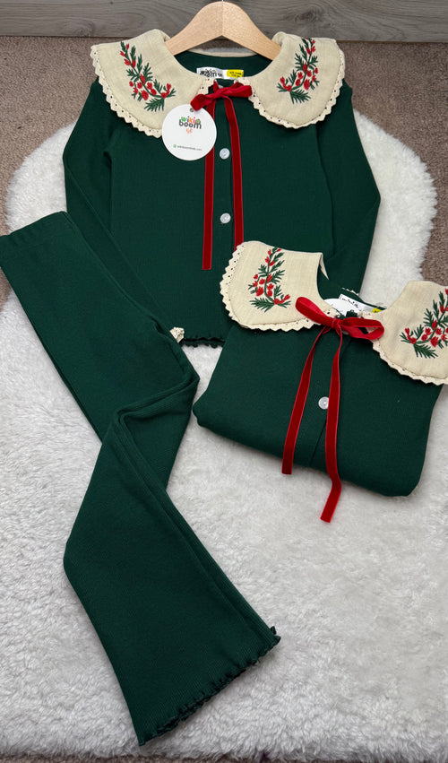 ENSEMBLE FILLE VERT À COL BRODÉ FLORAL