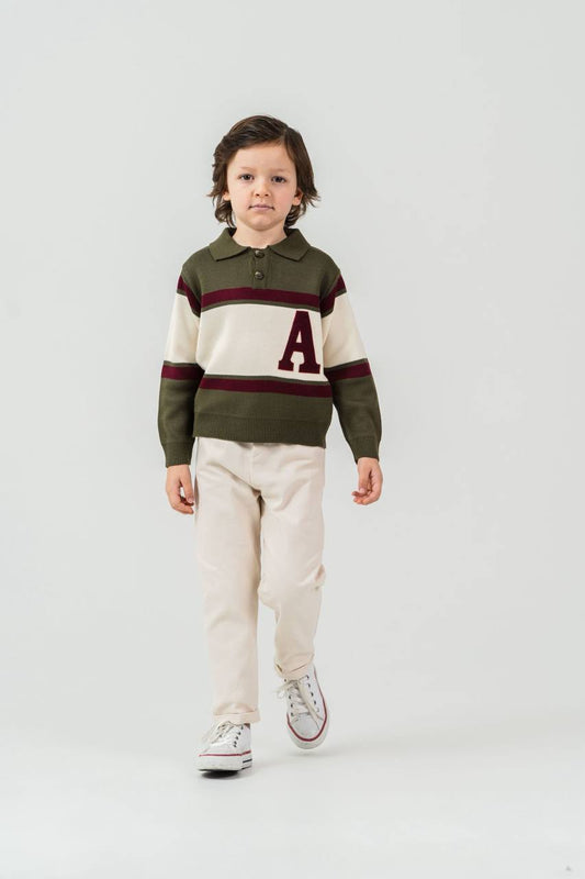 Ensemble enfant chic avec haut col polo et pantalon – Vert kaki & écru