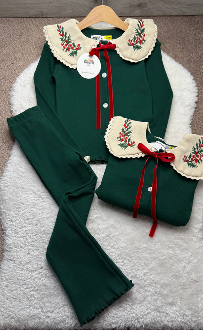 ENSEMBLE FILLE VERT À COL BRODÉ FLORAL