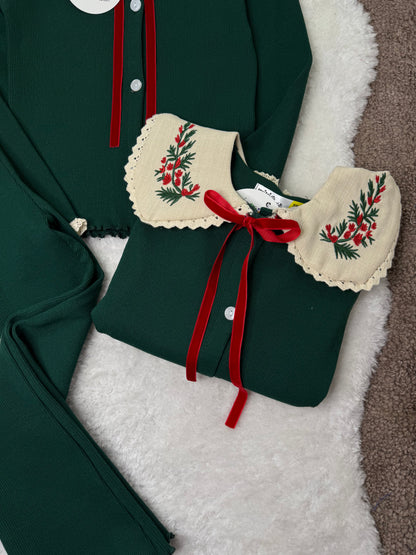 ENSEMBLE FILLE VERT À COL BRODÉ FLORAL