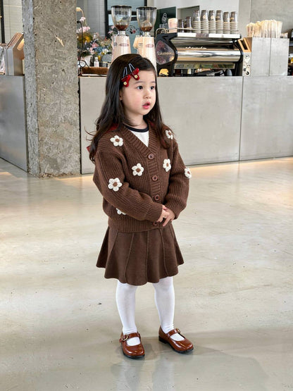 Ensemble fille marron – Cardigan et jupe à fleurs