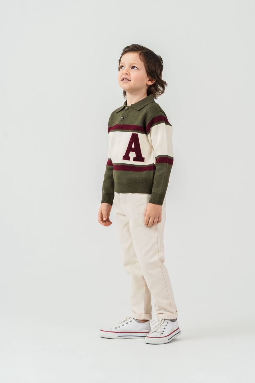 Ensemble enfant chic avec haut col polo et pantalon – Vert kaki & écru