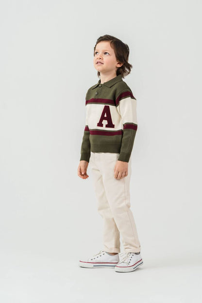 Ensemble enfant chic avec haut col polo et pantalon – Vert kaki & écru